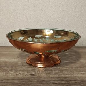Manning Bowman Copper Pedestal Bowl Green Glass Insert 232 9in Copper Green
